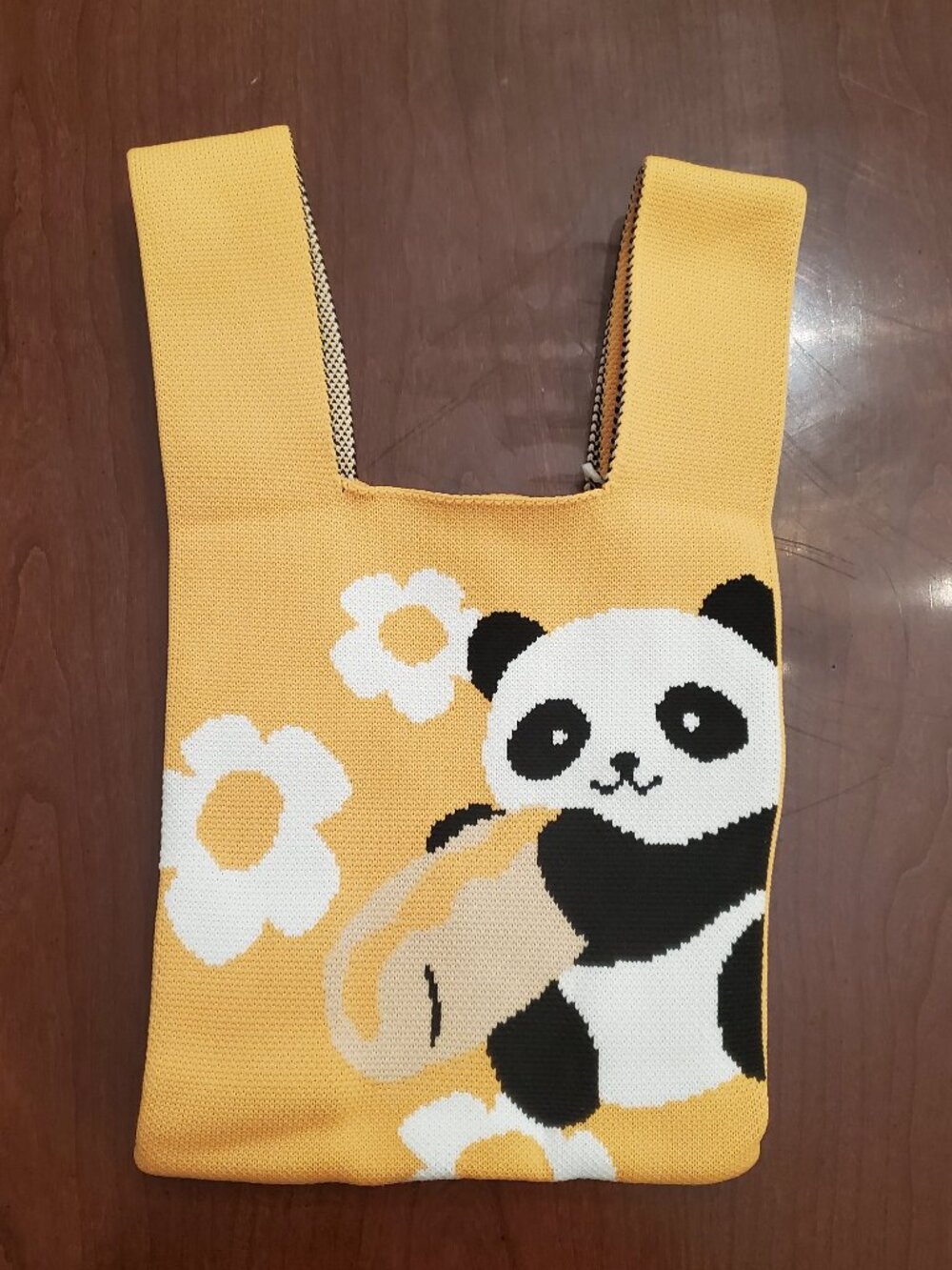 Cute Panda Floral Knit Mini Tote Bag Yellow White Daisy Stretch Woven Wristlet